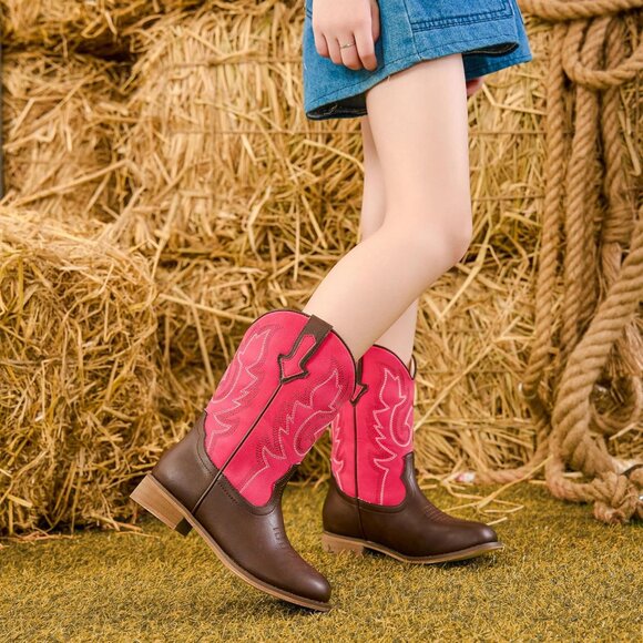 Unisex Child Brown Red Mid Calf Glitter Toddler Cowboy Boot Little Big Kids - Picture 2 of 7